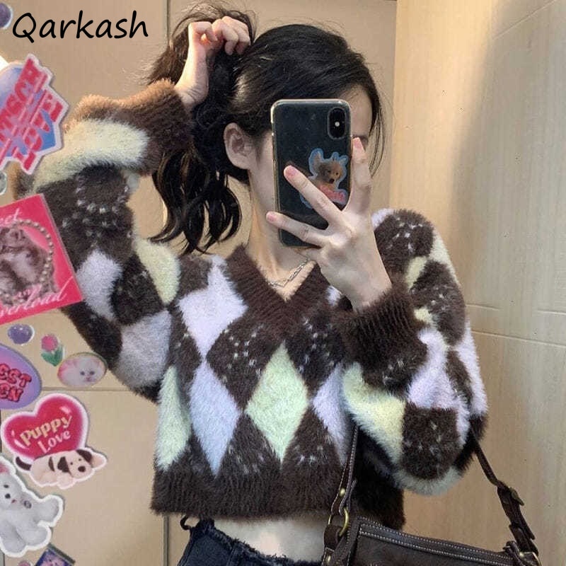 Sweaters Women Stretchy Retro Popular Ladies Pullover Fashion Korean Argyle All-match Soft Autumn Knitwear Leisure Streetwear