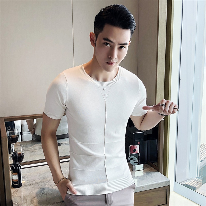 B1616-Summer new men's 35 T-shirts solid color slim trend casual short-sleeved fashion