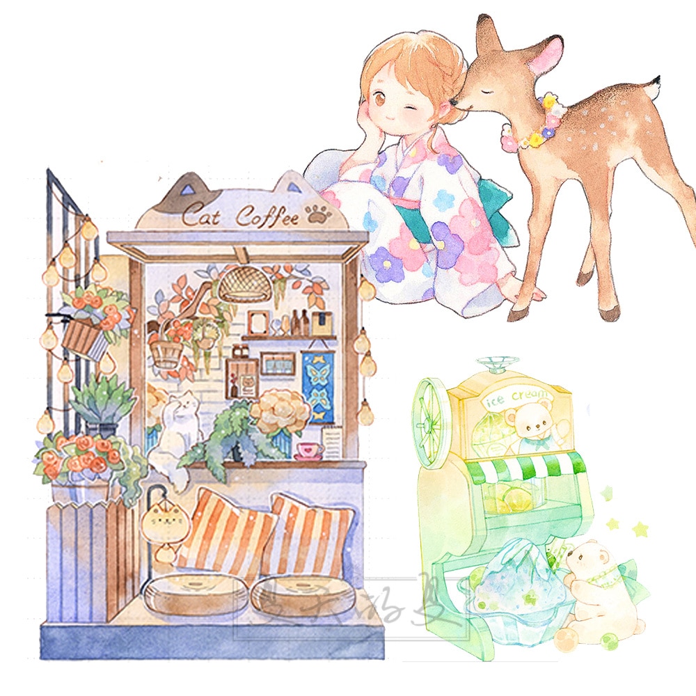 1 loop washi tape komos warm deer / star lamp / night street / ice lemon sweet bear / news agency