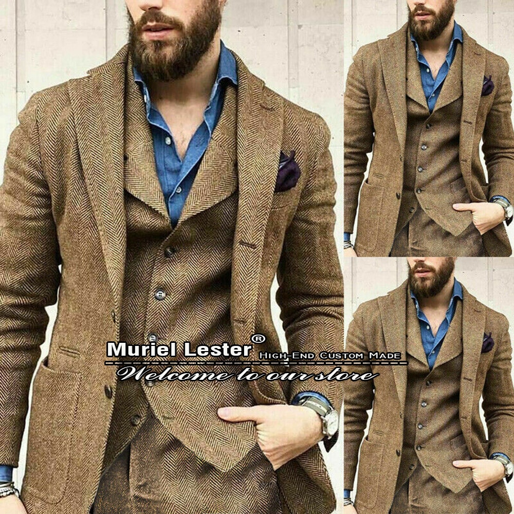 Classic Herringbone Men Suits Slim Fit Single Breasted Jacket+Vest+Pants Groomsman Wedding Tuxedo Trajes De Hombre Man Clothing
