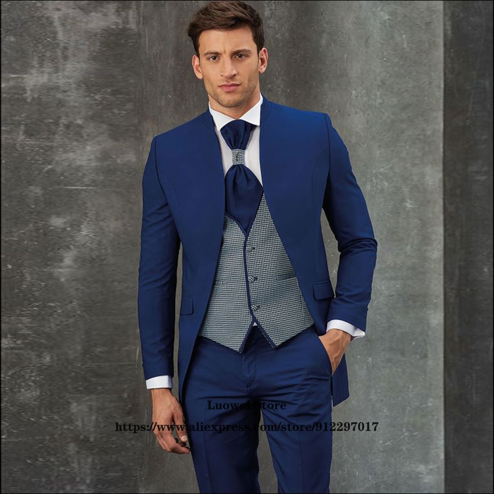 Navy Blue Wedding Stand Collar Tuxedo For Groom Prom Slim Fit 3 Piece Jacket Vest Pants Set Formal Party Men Suits Costume Homme