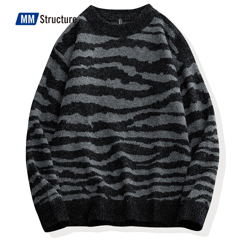 Retro Camouflage Pullover Sweater Men Gradient Striped Jacquard Knitted Sweatshirts Hip Hop Harajuku Streetwear Jumpers Vintage