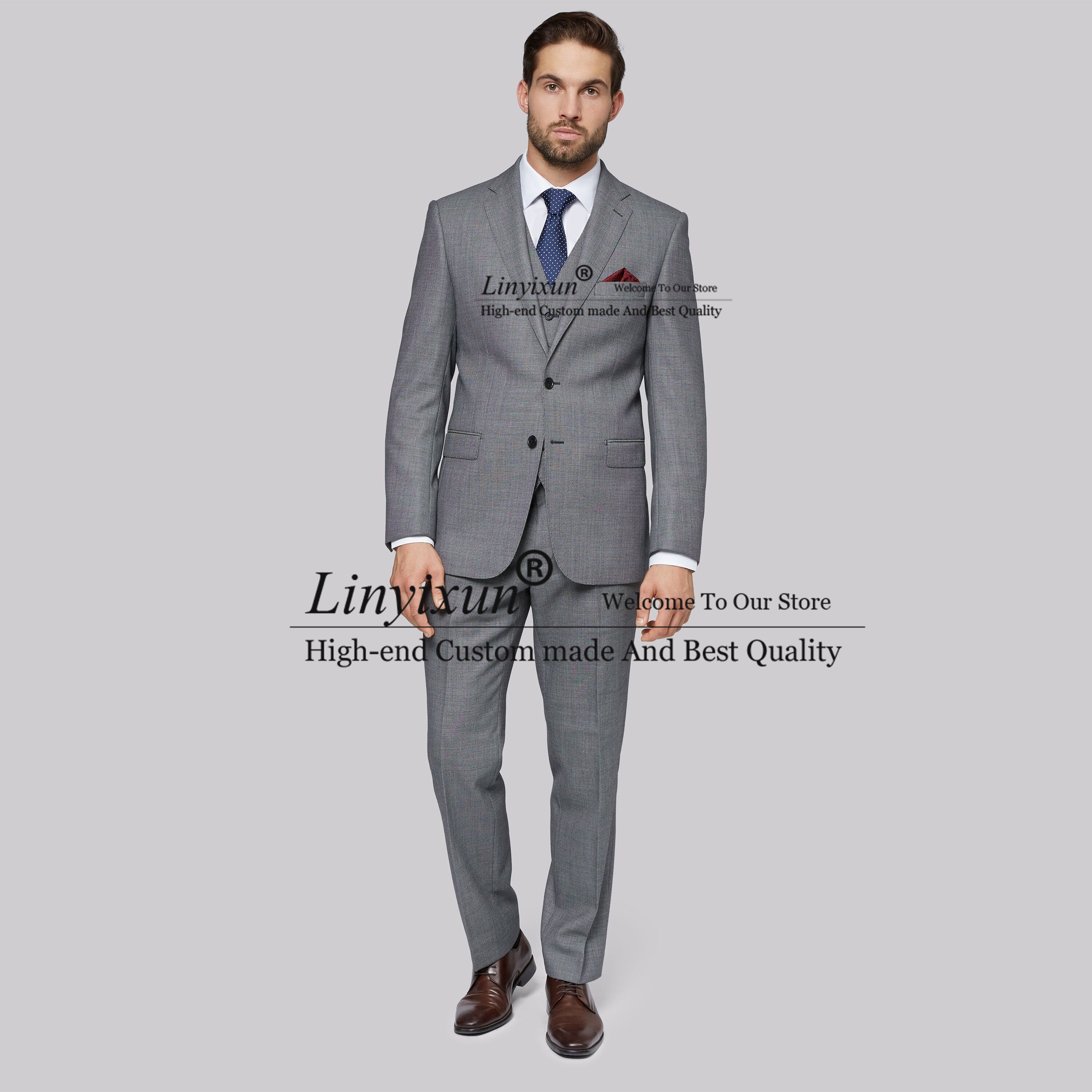 Fashion Grey Mens Suits Formal Business Blazer Slim Fit Wedding Groom Tuxedo Best Man 3 Pieces Jacket Vest Pants Terno Masculino