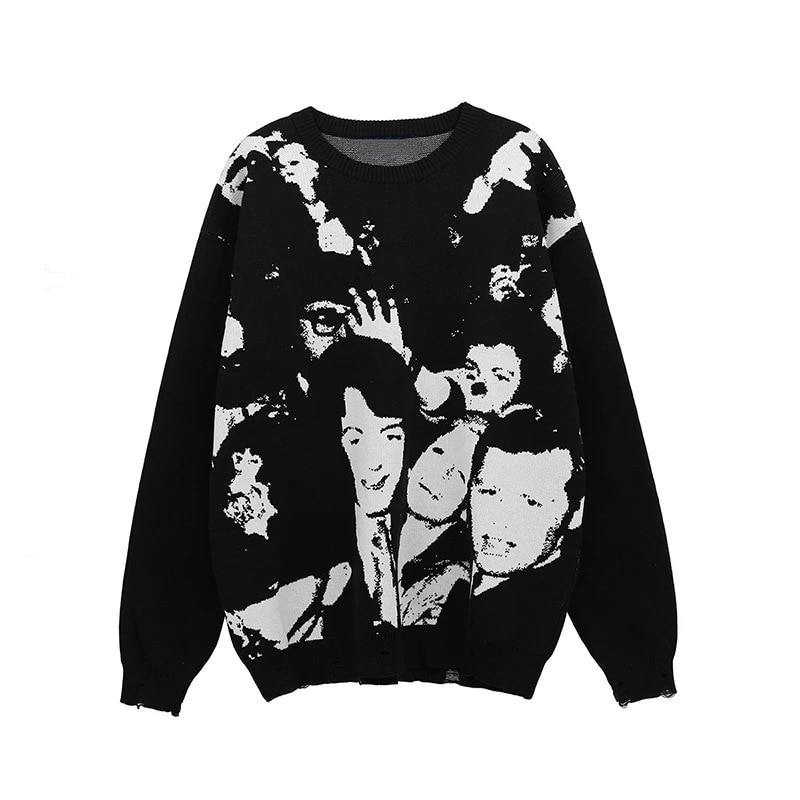 Dark Streetwear Crowd Pattern Jacquard Punk Men Oversize Knitted Sweater Hip Hop Vintage Women Pullover Gothic Clothes Sudaderas