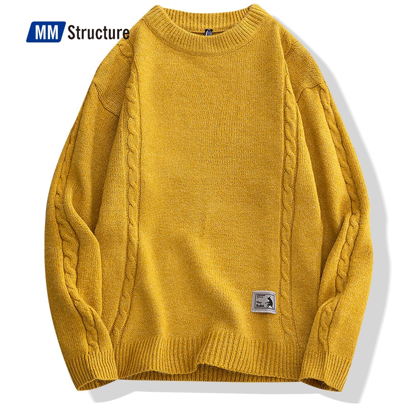 Korean Fashion Jacquard Sweater Men Casual Yellow Pullover Winter Slim Fit Sweaters Harajuku Solid Vintage Knitted Jumper Male