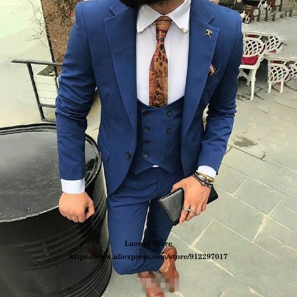 Navy Blue Slim Fit Mens Suits For Groom Wedding Prom Tuxedo 3 Piece Double Breasted Vest Jacket Pants Set Formal Business Balzer