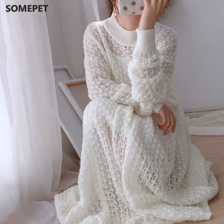New Sweater Suit Skirt White Kawaii Loose Hollow Knitted Two-Piece Knitted 2 Pieces Set Women Office Lady Pullovers Sweater