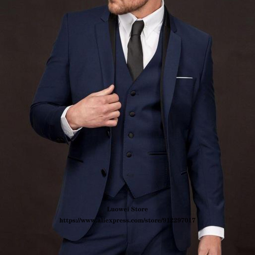 Navy Blue Slim Fit Mens Suits For Groom Wedding Prom Tuxedo 3 Piece Jacket Vest Pants Set Formal Business Blazer Costume Homme