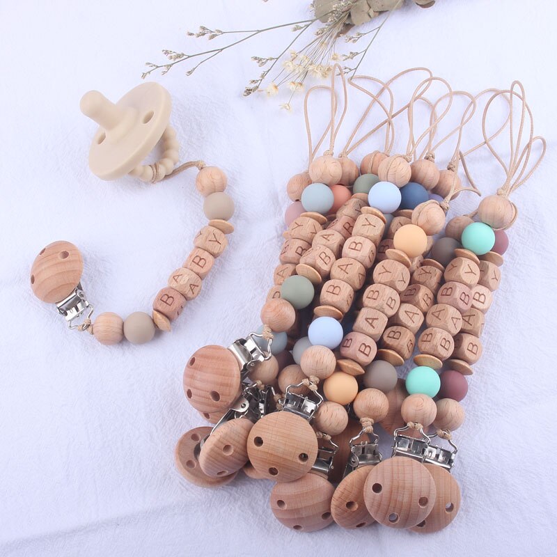New Personalized Name Wood Pacifier Clips Holder Chain Simple Nipple Holder Baby Teether Teething Chain Gift
