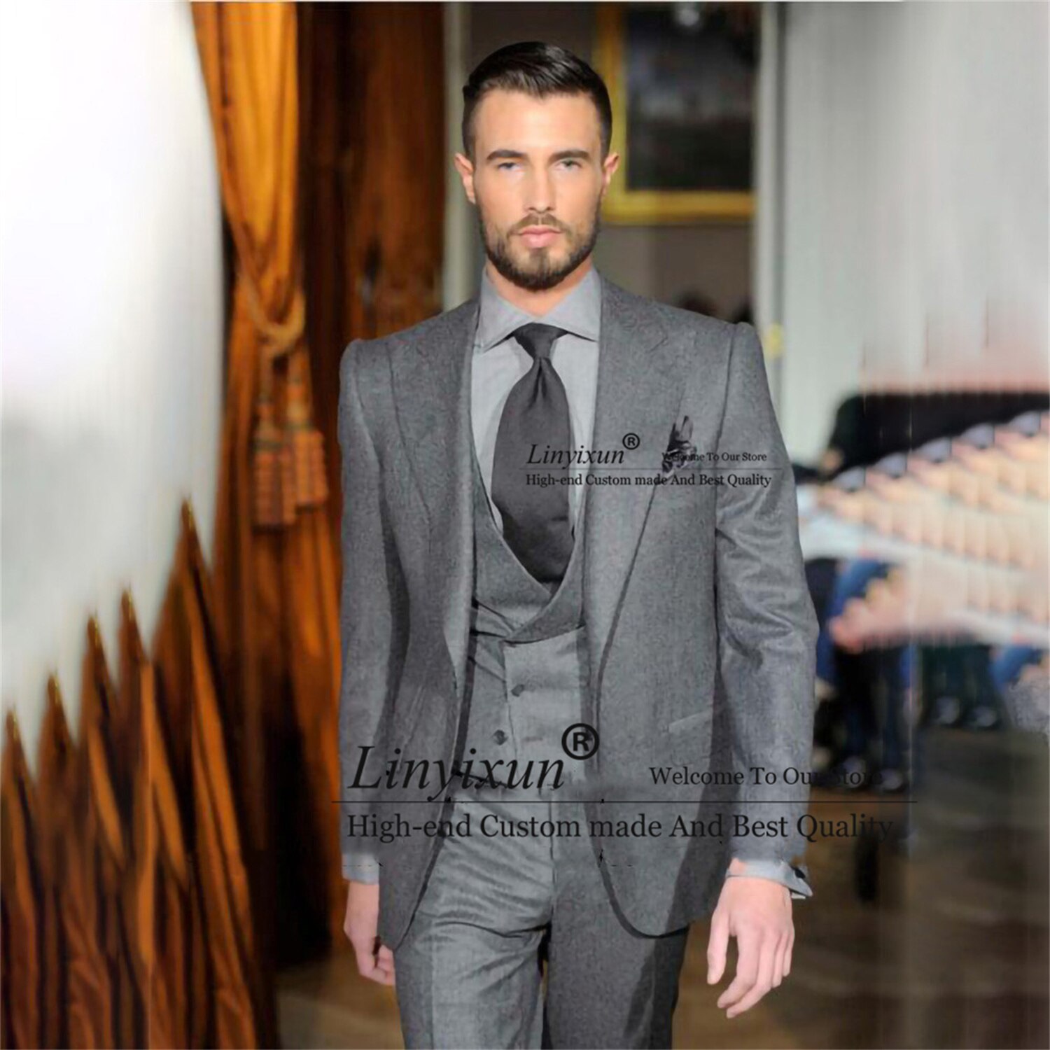 Classic Grey Men Suits Slim Fit Wedding Groom Tuxedo Peaked Lapel Business Blazer 3 Piece Prom Jacket Vest Pants Terno Masculino