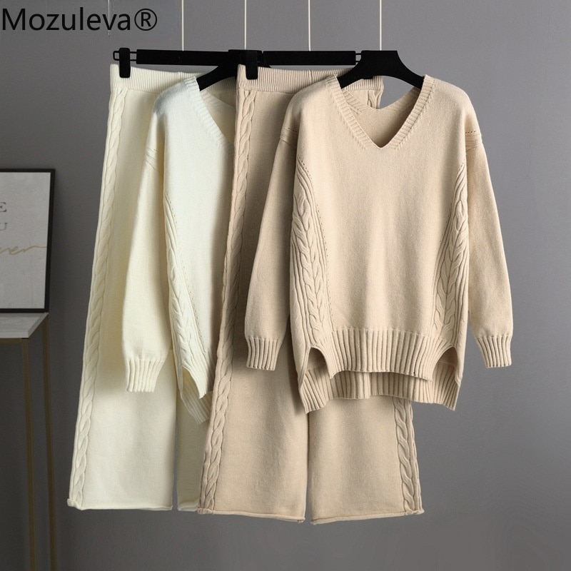 Mozuleva Loose Two Piece Sweater Sets Women Knitted Tracksuits Winter V Neck Sweater + Wide Leg Pant 2 Piece Warm Set Outfits