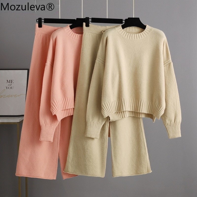 Mozuleva Loose Two Piece Sweater Sets Women Knitted Tracksuits Winter O Neck Sweater + Wide Leg Pant 2 Piece Warm Set Outfits