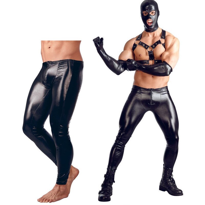 Men's Faux Leather High Elasticity Skinny Smooth Peach Hip Silk Sexy Leggings Leggings