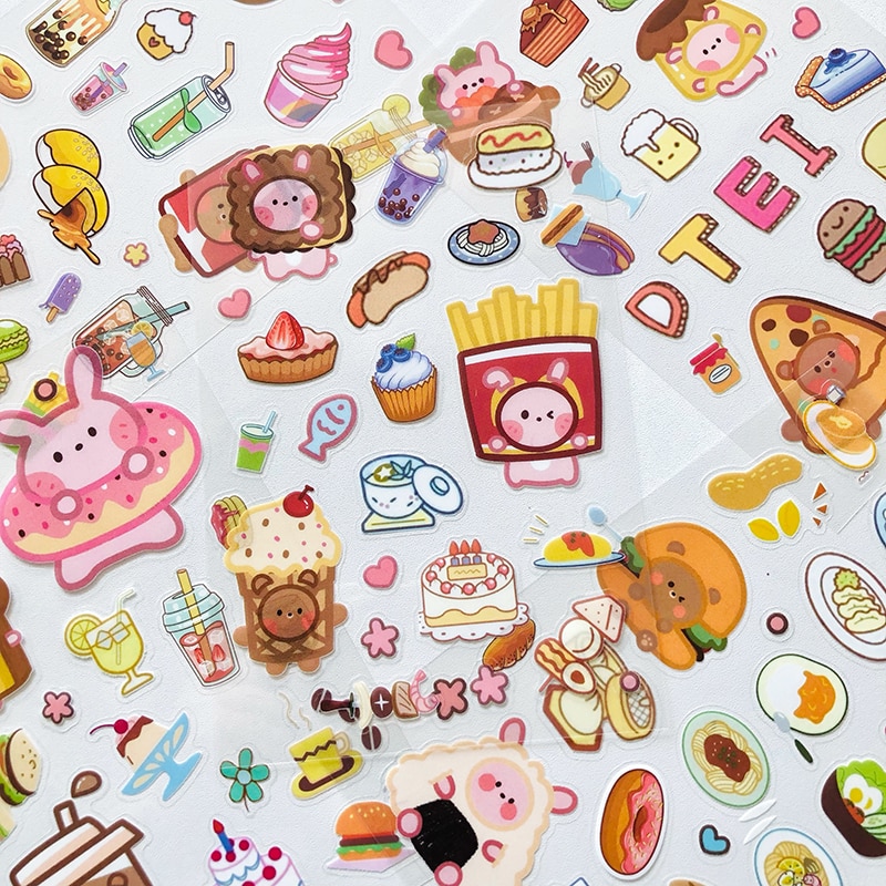 6 sheets Snack and Cartoon Animals Waterproof Decorative Cups Phone Case Stickers