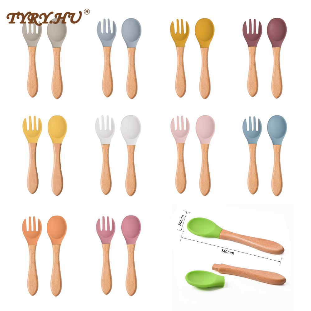2Pcs Food Grade Silicone Tips Baby Feeding Training Spoon and Fork Set with Wooden Handle Toddlers Infant Eat Independently Acce