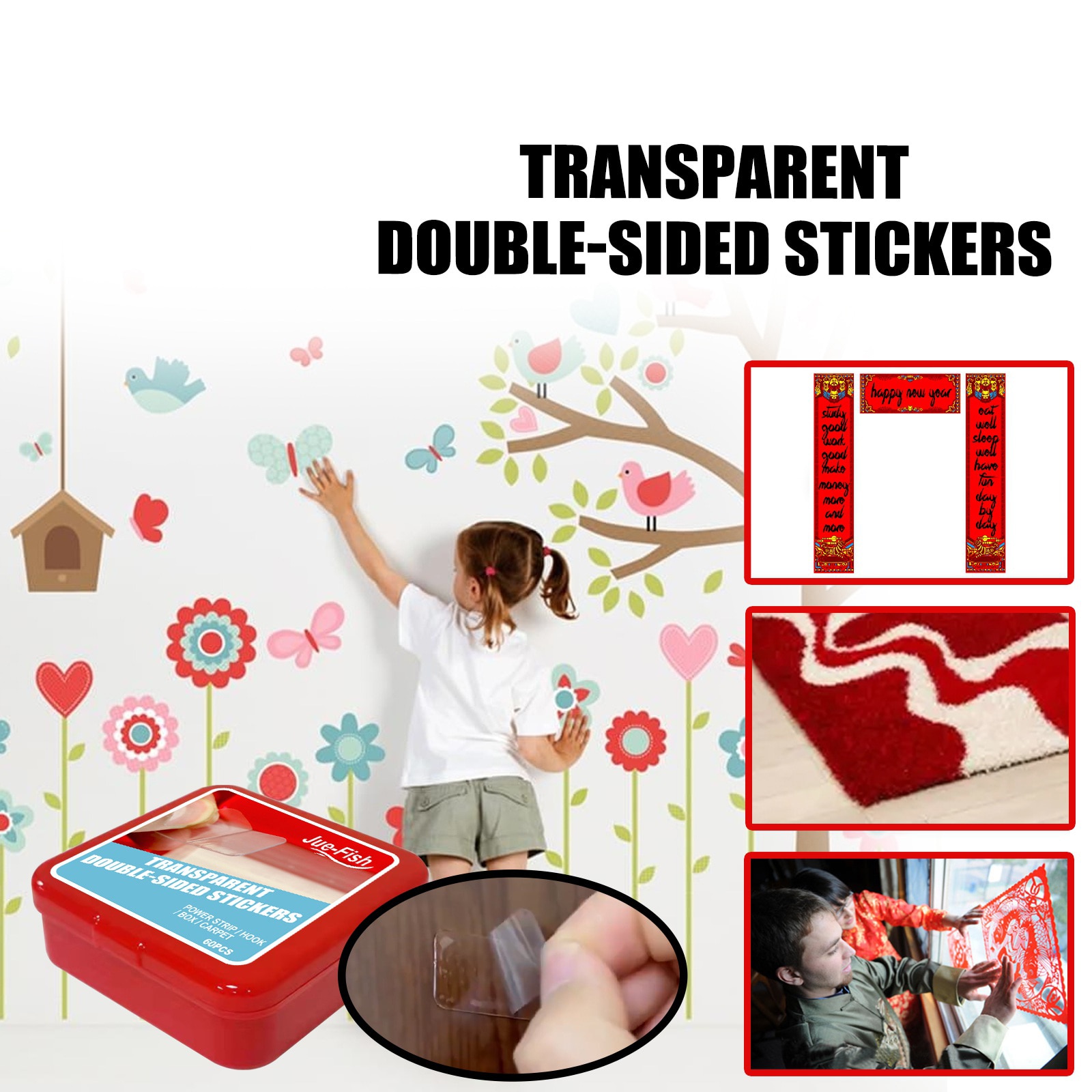 60Pcs Transparent Double Sided Tape Ultra Thin High Adhesive Tape No Trace Reusable Waterproof Tape Office School Supplies