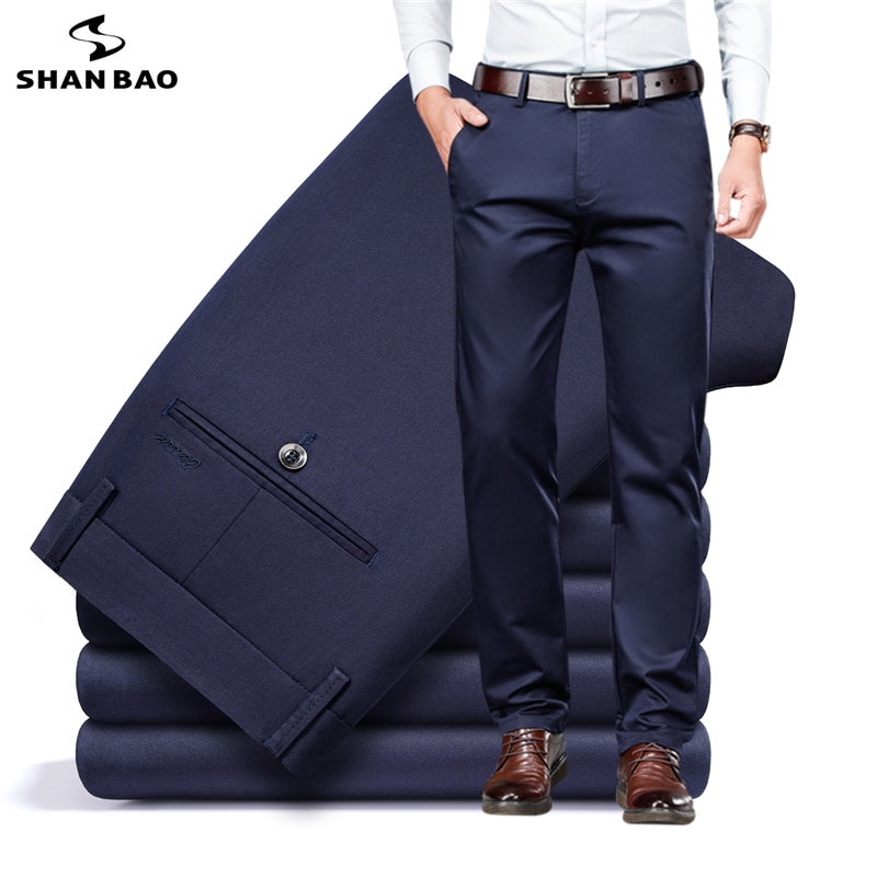 SHAN BAO spring brand fitted straight lyocell stretch pants classic embroidery business casual men's high waist slim trouse