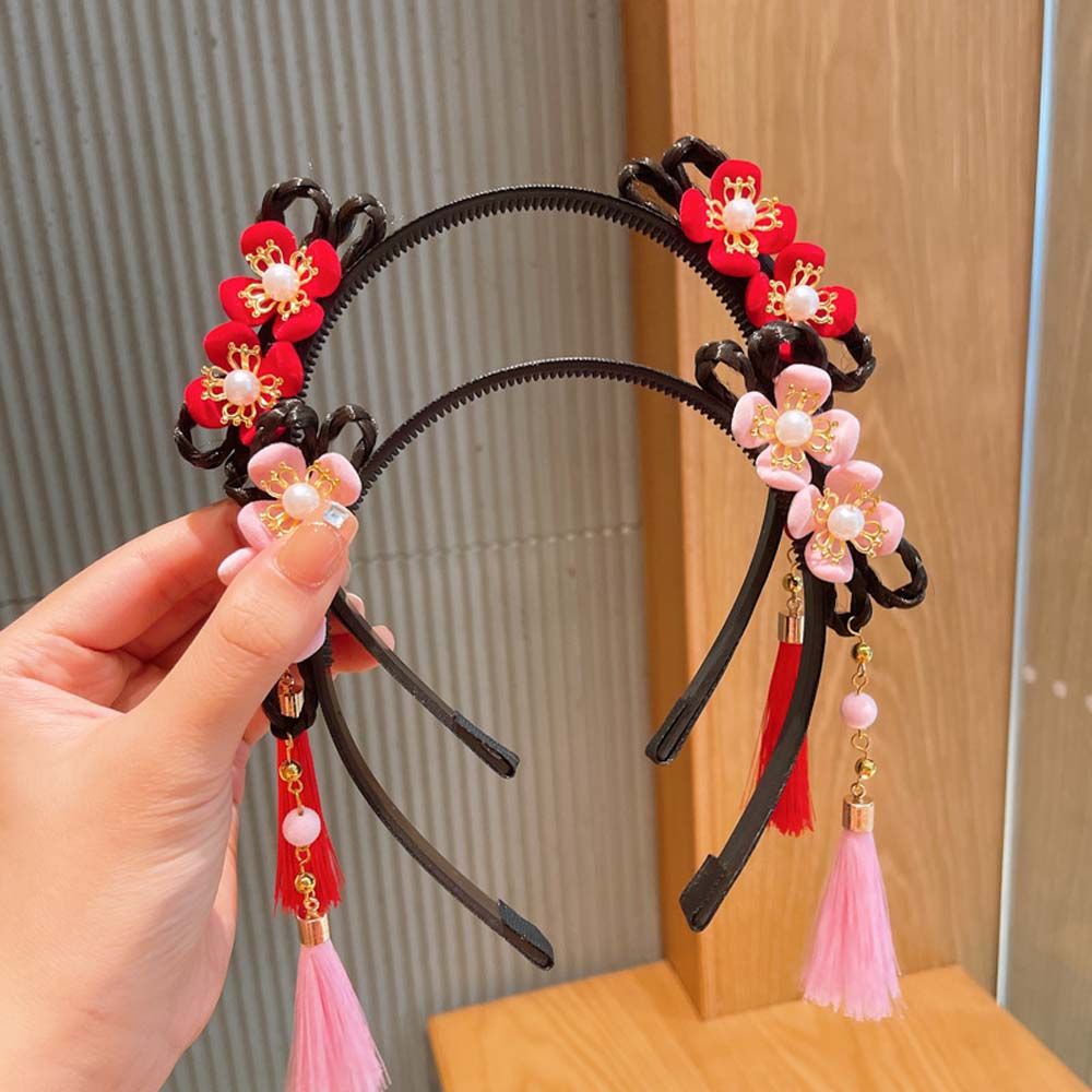 Chinese Style Fashion Hanfu Flower Tassel Headband Pigtail Wig Children's Pearl Bow Cartoon Cute Hairband New Year Headdres