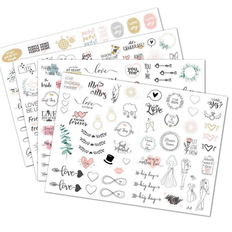 230pcs/4sheets Wedding Sticker Sets Wedding Scrapbooking Planner Stickers for Engagement, Party Phone, Valentine's Day Gift