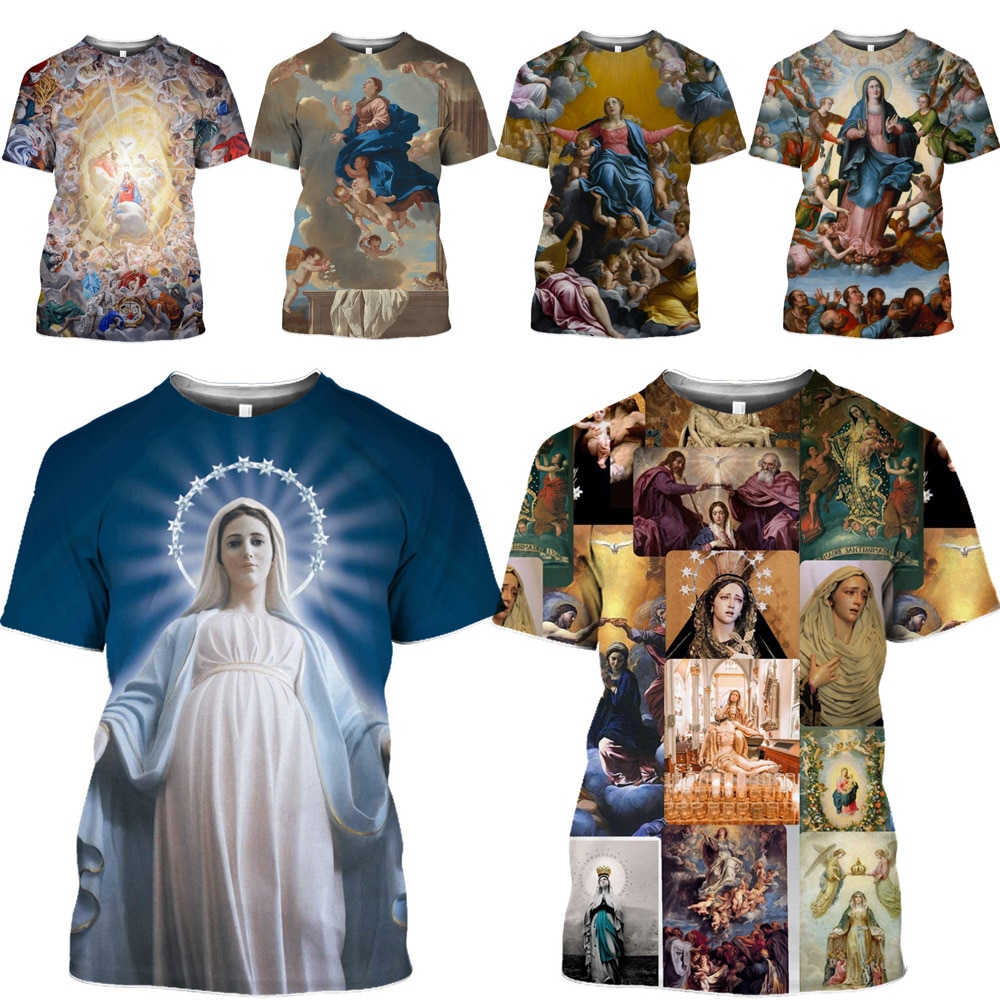 Mamba Top Virgin Mary T Shirt Women Short Sleeve Men Tshirt 3D Print Jesus Mother Oil Painting Portrait Rosary Prayer Sportswear