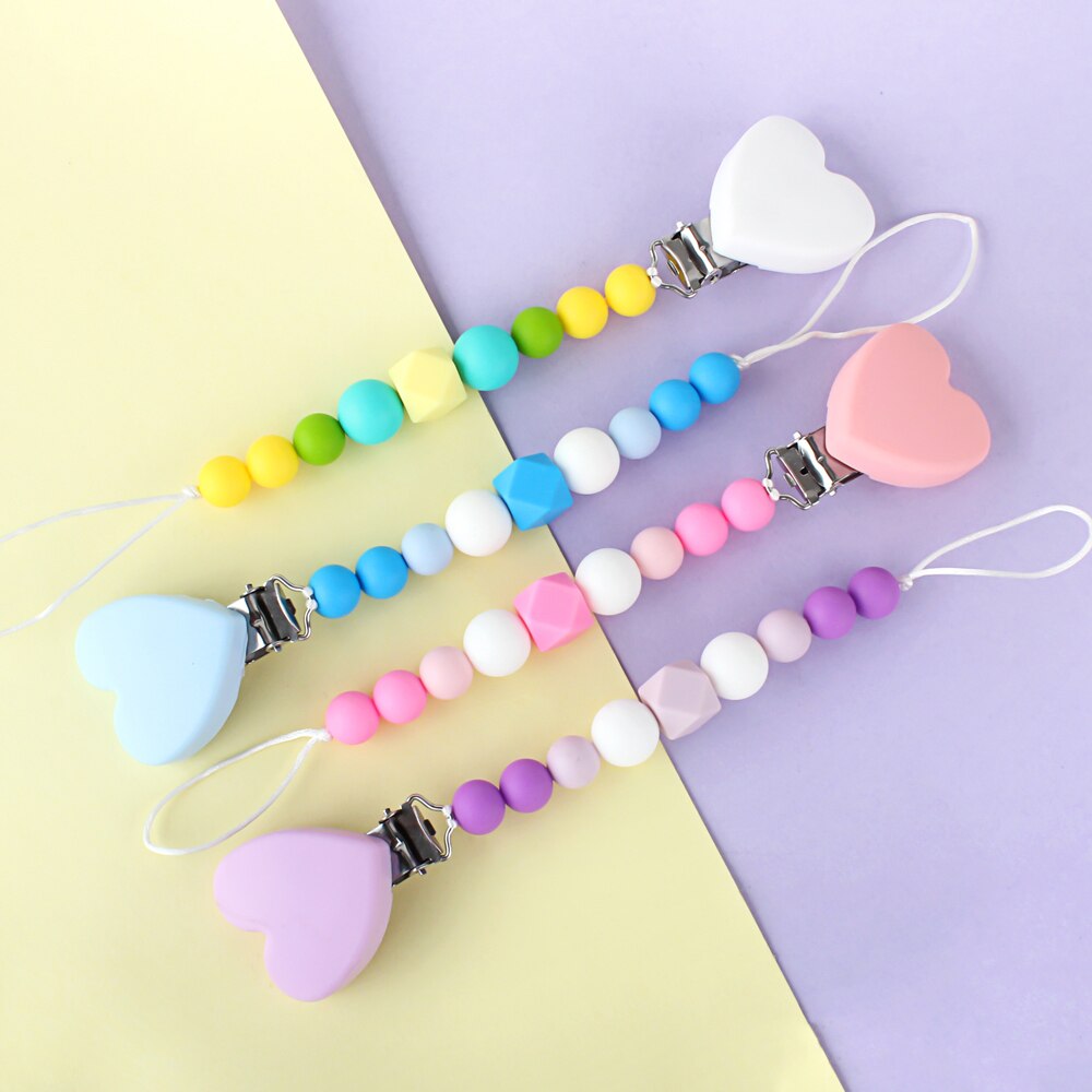 1pc Heart Pacifier Clip Holder Chain Silicone BPA Free Handmade Comfort Nipple Baby Teething Pacifier Dummy Clips Necklace Chain
