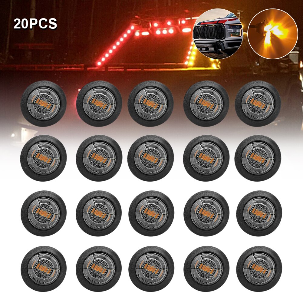 20Pcs 3/4inch Car Truck Light 3LED Round Side Marker Amber Grille Light Warning Lamp Smoked Waterproof Shell Trailer RV Light