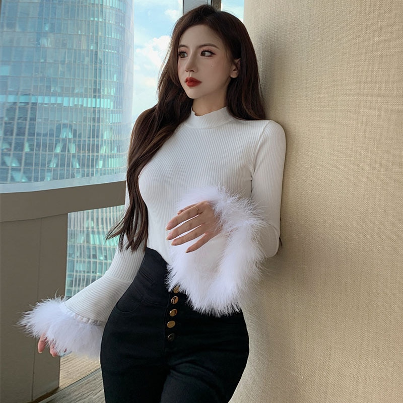 French Women Sexy Patchwork Fur Sleeves Knitting Pullovers 2022 Autumn Winter Female Long Sleeve Sweaters Top Ladies Club Tops