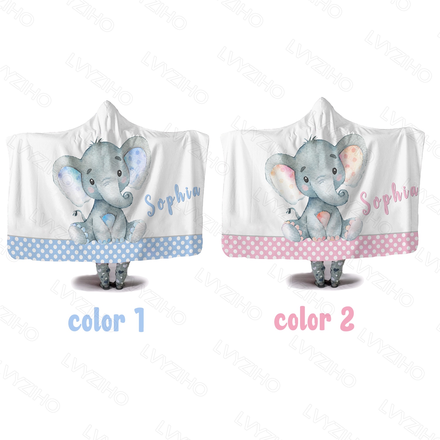 LVYZIHO Custom Name Elephant Hooded Blanket Two Size For Adults / Kids Warm Home Picnic Wearable Fleece Blankets