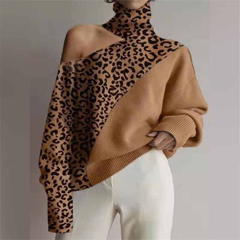 Women Turtleneck Sweater Oblique Shoulder Strapless Leopard Patchwork Sexy Streetwear Daily Personality Popular Knit Pullover