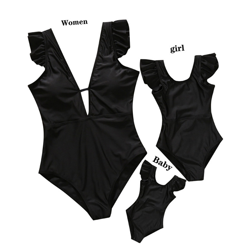 Family Matching Set Black V-neck Mother Daughter Baby Ruffle Swimsuit Mom And Daughter Matching Clothes Parent-child Beach Wear