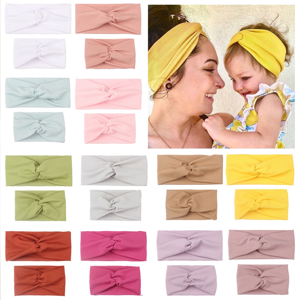 2PCS Mom & Baby Headbands Solid Color Parent-Child Hair Accessories DIY Handmade Cross Knot Stripes Soft Headband Girls Turb