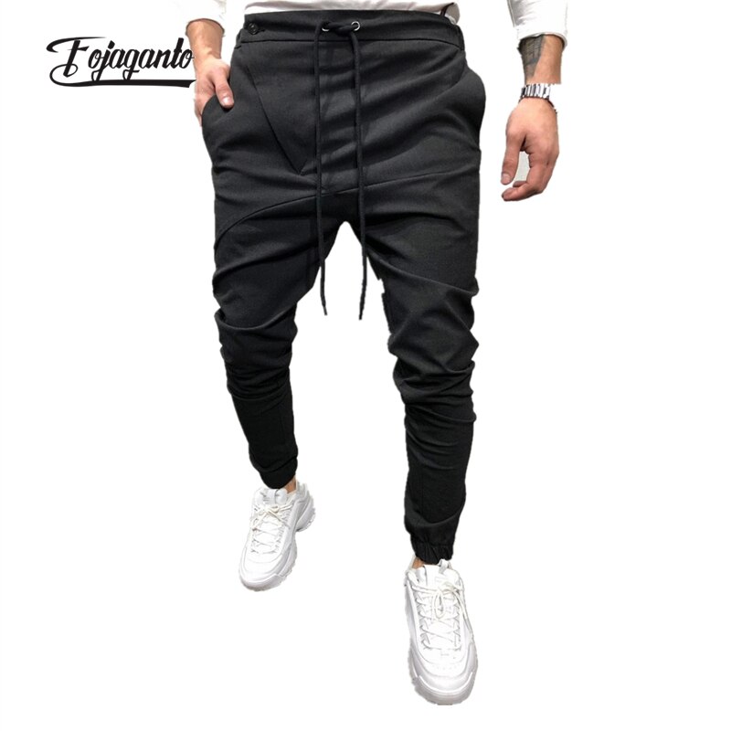 FOJAGANTO Men's Spring Black Pants Solid Color 35% Cotton Drawstring Sweatpants Fashion Slim Fit Casual Pants Male