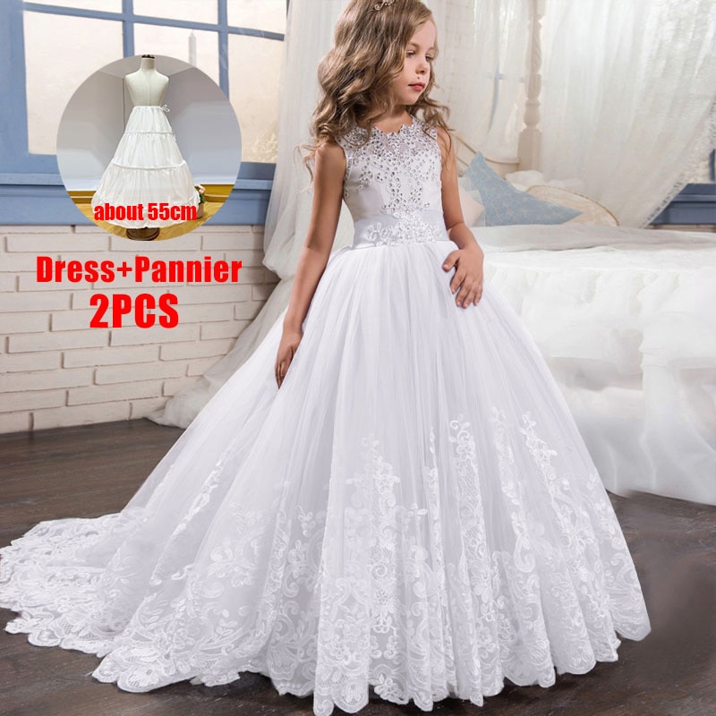 2022 Girls Christmas Dress White Pink Bridesmaid Kids Clothe Baby Children Long Princess Party Wedding Evening 10 12 Y Vestidos