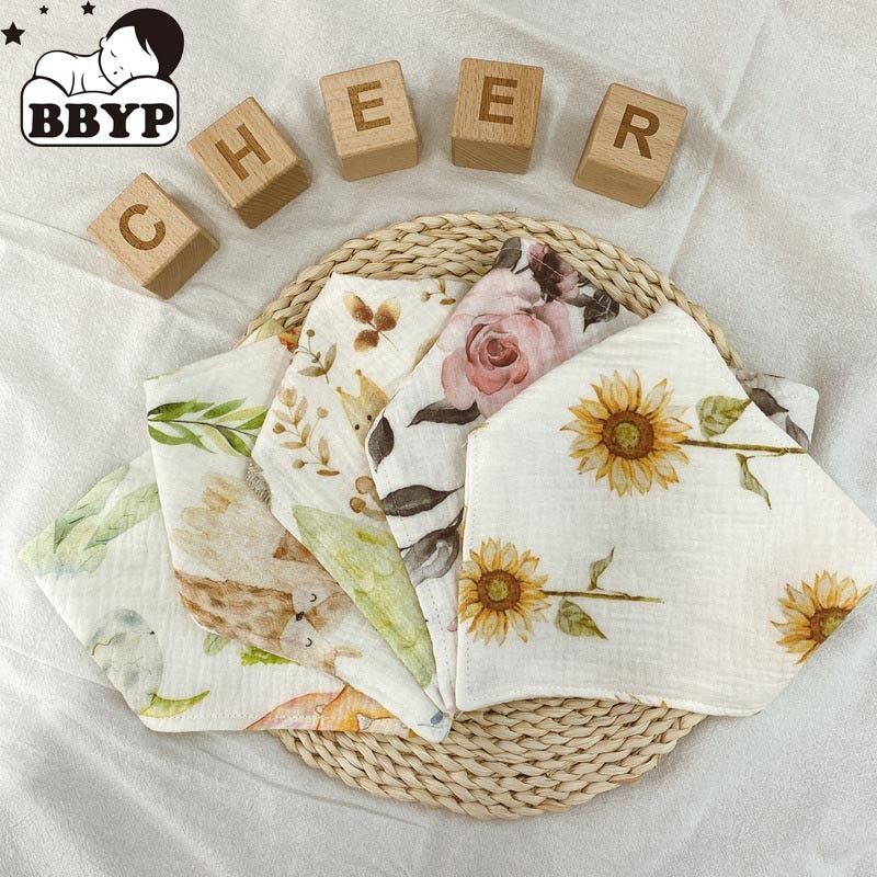 5Pcs 2 Layers Cotton Triangle Baby Bibs Printed Baby Feeding Drool Bib Snap Button Saliva Towel Burp Cloths for Newborn Todder
