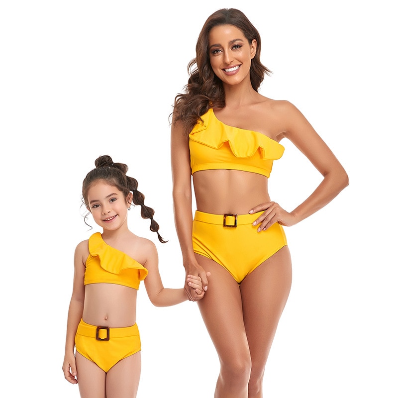 2022 New Swimsuit For Girl One Shoulder Ruffles Bathing Suit For Women Swimwear Clothes Mother And Daughter Family Match Outfits