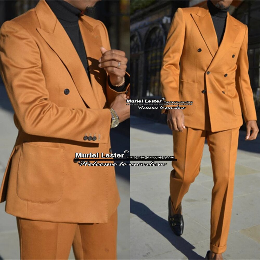 Smart Casual Brown Men Suits Tweed Wool Blazer Costume Homme Doubel Breasted Jacket With Pants Grooms Wedding Tuxedo Ropa Hombre