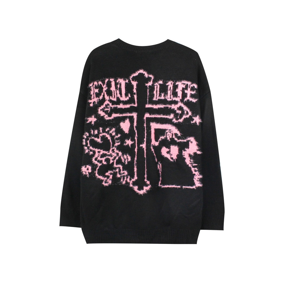2021 Kpop Heart Cross Jacquard Oversize Men Hip Hop Knitted Sweater Punk Loose Green Women Harajuku Pullover Lounge Wear Sueter