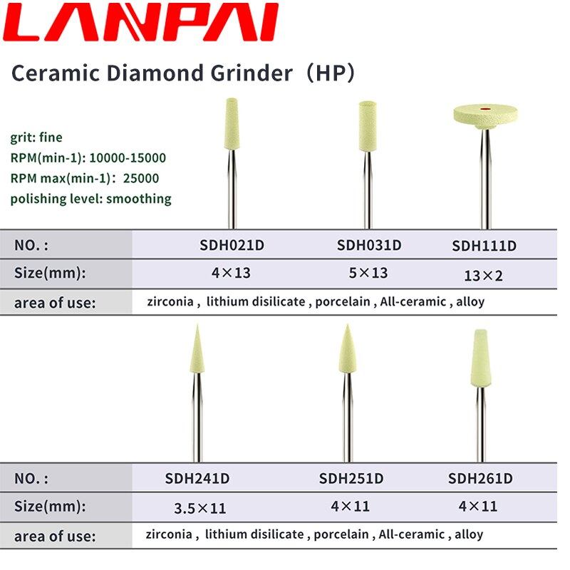 Lanpai Dental Ceramic Diamond Grinder For Zirconia Grinding Head HP Dentist Tools Dental Laboratory Fine Grit