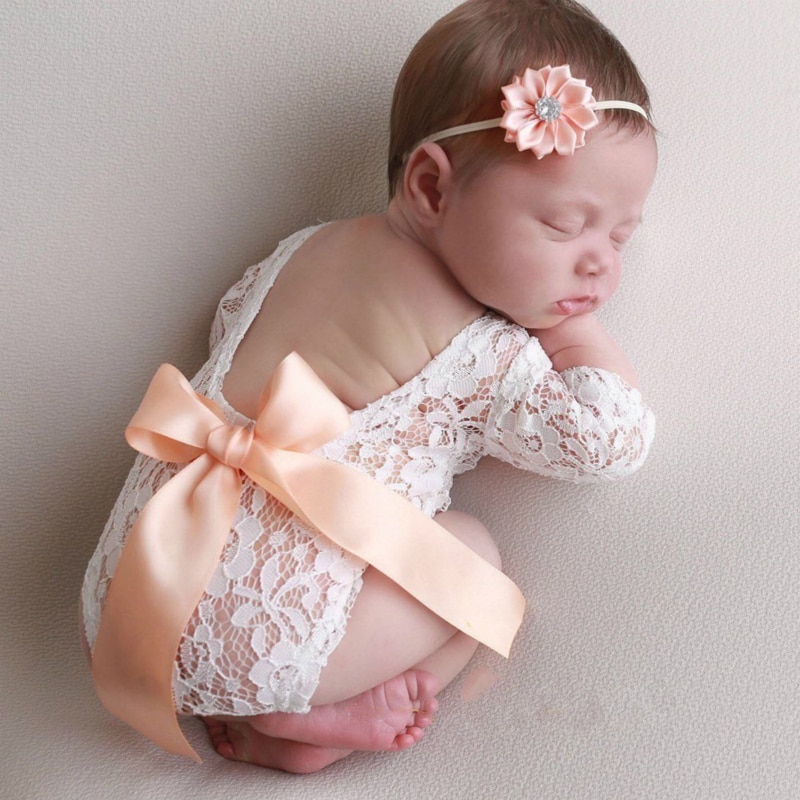 Baby Clothing New Lace Deep V Backless Newborn Photo Photography Props Toddler Hollow Bow Romper Headband Suits Baby Accessories