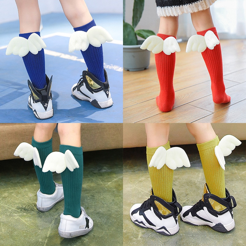3pair Baby Girls Knee High Socks Angel Wing Summer Autumn Cotton Socks Solid Candy Color Kids Toddler Short Socks for Children