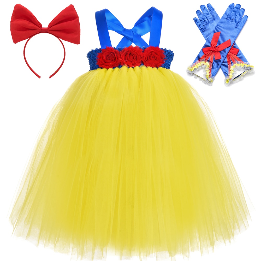 Snow White Long Dress for Girls Princess Costumes Baby Girl Tutu Dress Outfit with Bow Headband Gloves Kids Birthday Clothes Set