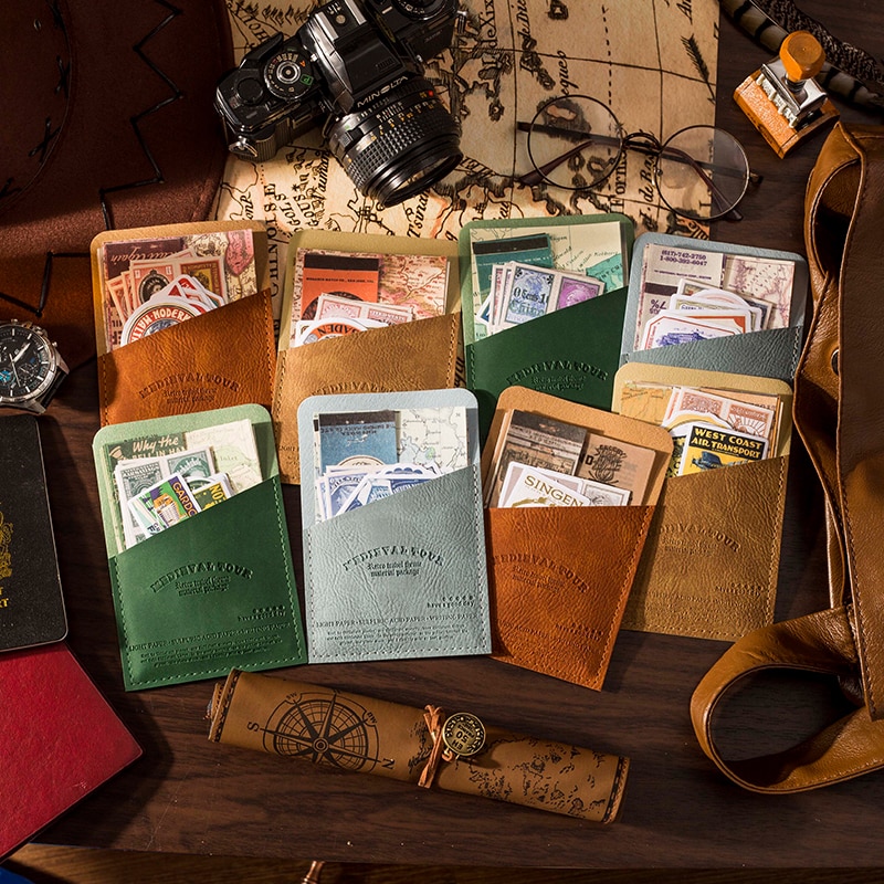 Leather Case Retro Papers and Stickers Set Medieval Trips Series Material Package
