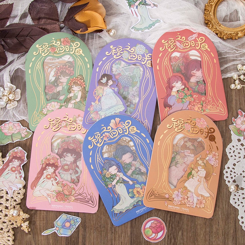 30 pieces /Pack Golden Flowers Elves Seasons Goddess DIY Waterproof Decoration Diary Notebook Cups Stickers
