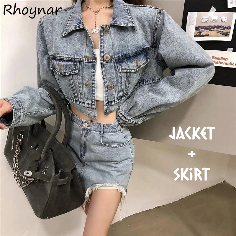 Women Sets Denim Full Sleeve Jacket Frayed Asymmetrical Mini Skirt 2 Pieces Fashion Korean Retro Kpop Girls Street Wear Autumn