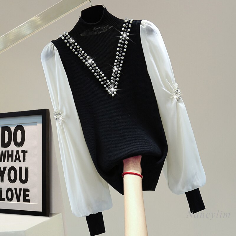 Fashion Pullovers Ladies Beads Diamond-Embedded Long-Sleeved Sweater 2022 Spring Korean Style Slimming Chiffon Stitch Turtleneck