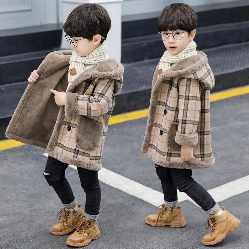 Boys' Hoodie autumn winter thick warm Plaid Wool children's wear long sleeve single breasted 2021 fashion children&apo