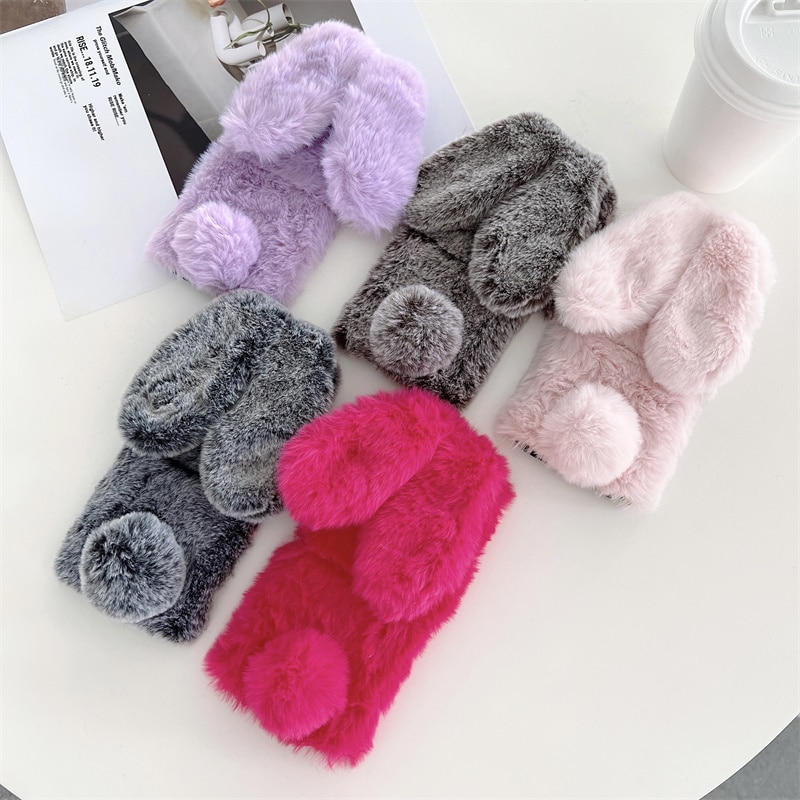Fluffy Rabbit Ear Phone Case For Samsung Galaxy Z Flip 4 3 2 Cute Smooth Fur Fuzzy Protective Cases For Z Flip3 Flip4 5G Cover