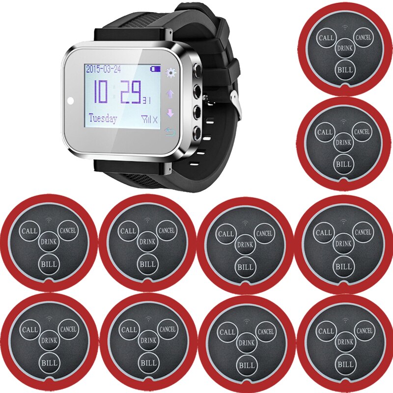 Restaurant Pager Wireless Waiter Calling System Watch Receiver + 10pcs Call Button For Cafe Clinic Dentist