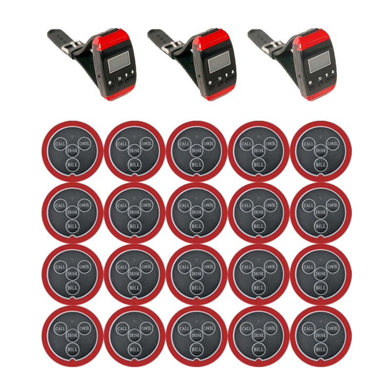 Wireless Calling System Restaurant Pager 3 Watch Receiver+20 Transmitter Button For Customer Service