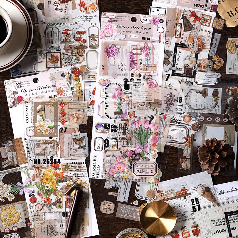 3 sheets Plant flowers bread Decorative PVC Stickers Scrapbooking Label Diary Stationery Album Phone Vintage Journal Planner